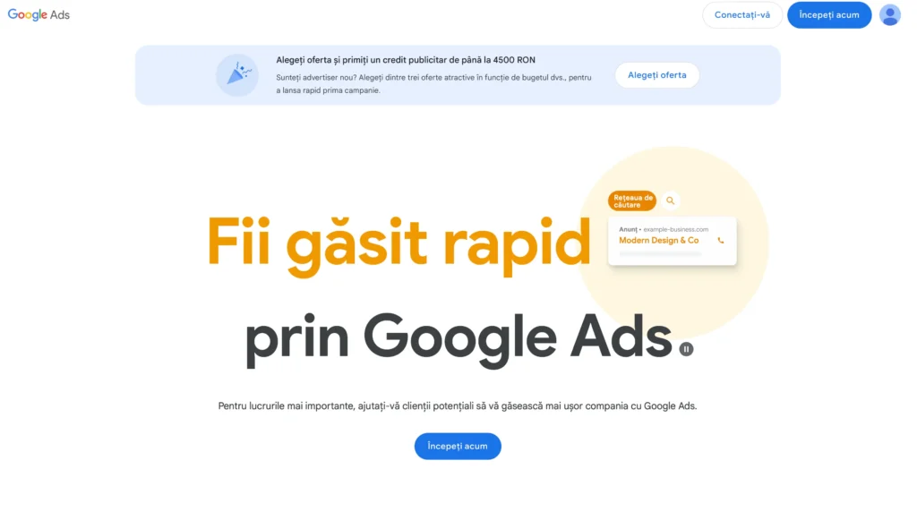 Interfata Google Ads România pentru a crea un cont si a începe sa rulezi reclame
