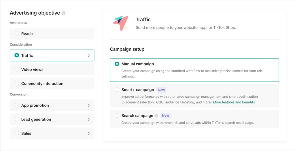 Captura de ecran cu tipurile de campanii disponibile in TikTok Ad Manager