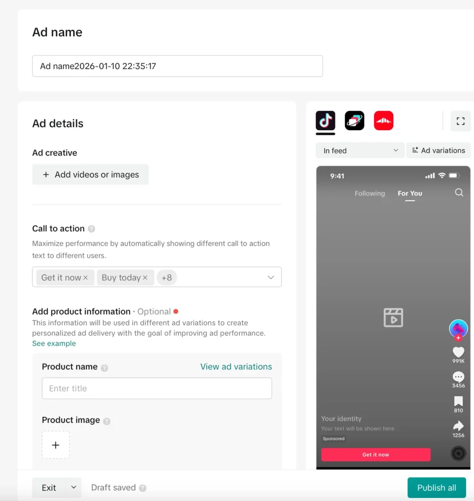 Captura de ecran din TikTok Ad Manager pentru a demonstra cum setezi corect creativul reclamei