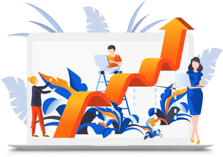 Ilustrație cu un grafic ascendent și oameni care analizează date, pentru articolul despre optimizarea ratei de conversie (CRO) în eCommerce.