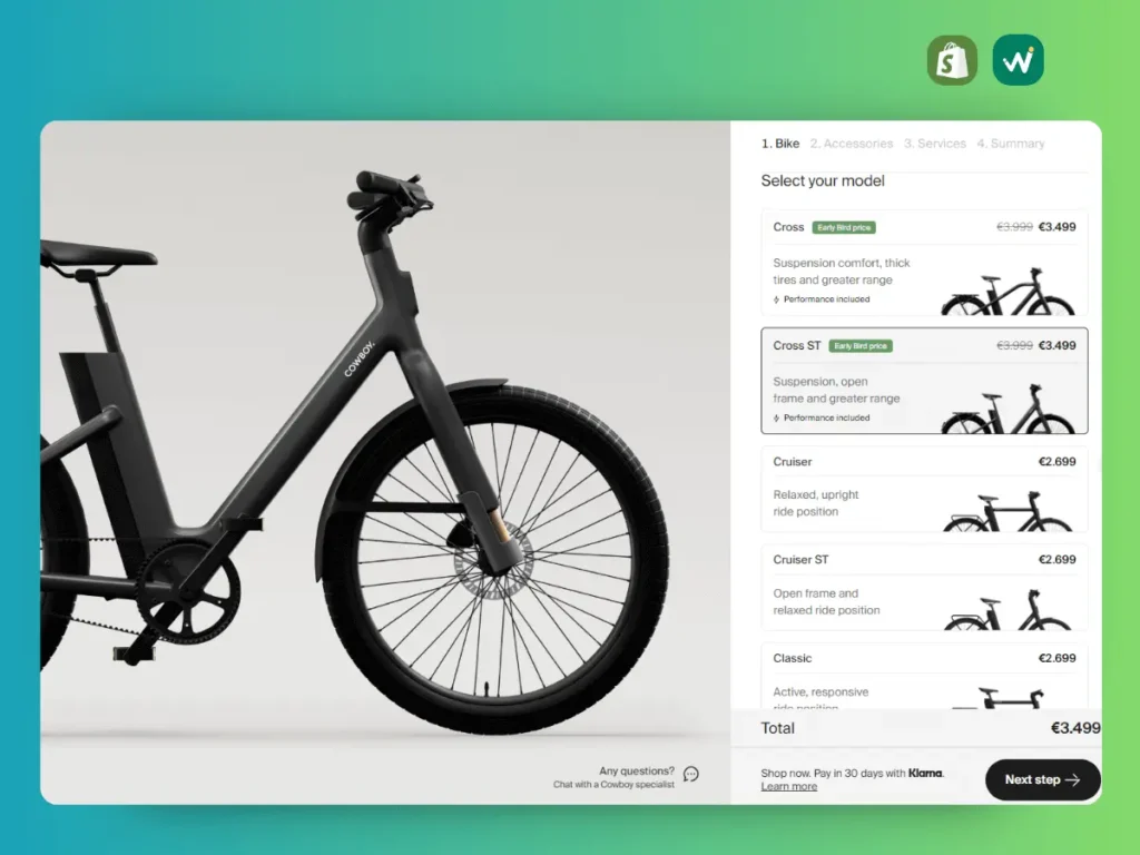 Pagina de produs optimizată UX cu selector de modele, prețuri clare și pași de configurare pentru biciclete electrice.