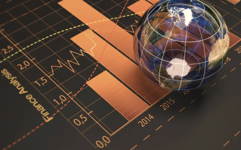 Reprezentare grafică a performanței financiare și vizibilității globale pentru servicii seo internațional.