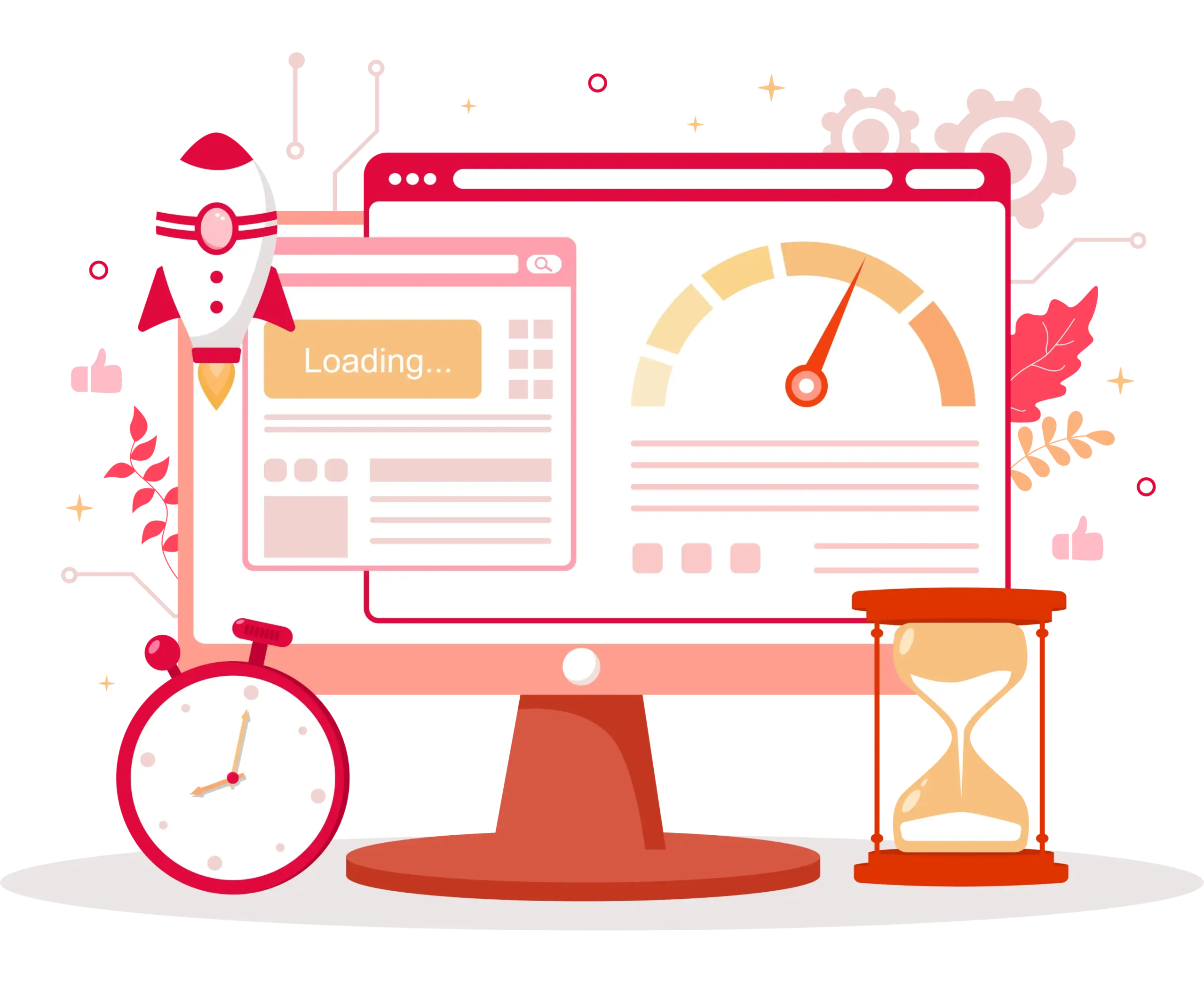 Hero pentru serviciul de optimizare SEO on page, cu mesaj despre creșterea traficului și conversiilor și ilustrație cu vitezometru de performanță pe ecran.