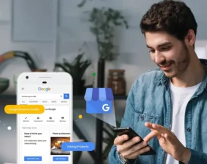 Persoană utilizând un smartphone pentru a naviga pe o hartă fizică marcată cu pini roșii de locație pentru SEO local.