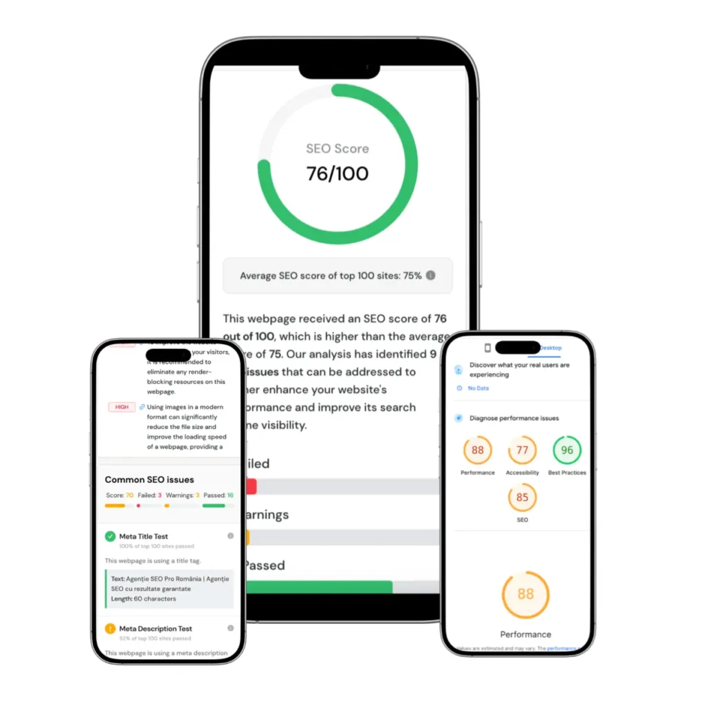 Imagine cu trei telefoane mobile si raport de optimizare site