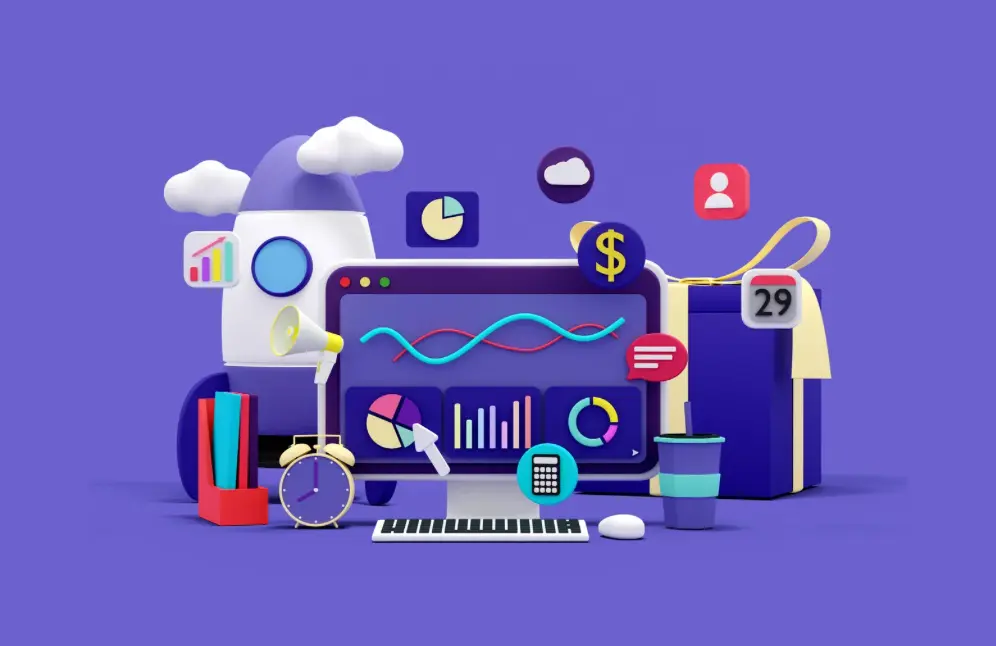 Ecran cu grafic și icoane 3D de marketing digital, simbol pentru raportul de analiză SEO gratuită