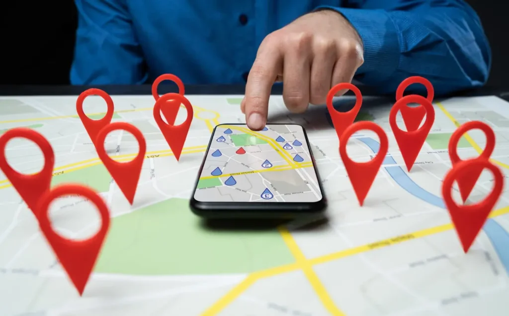 Specialist SEO analizând harta Google Maps cu pini de locație pentru servicii seo local.