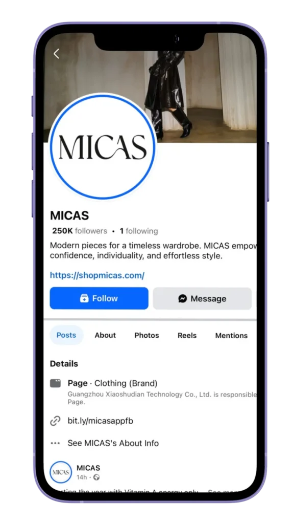 Captura de ecran cu pagina META a MICAS client servicii promovare Facebook al agenției SEO PRO.
