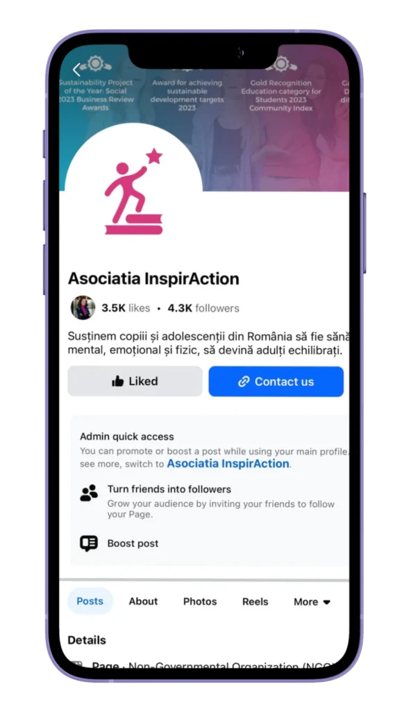 Captura de ecran cu pagina META a InspirAction, client servicii promovare Facebook al agenției SEO PRO.