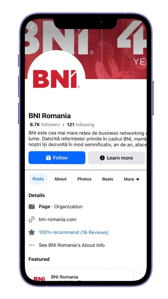 Captura de ecran cu pagina META a BNI client servicii promovare Facebook al agenției SEO PRO.