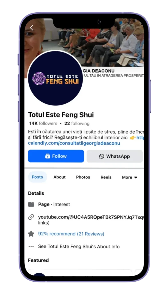 Captura de ecran cu pagina META. a totulestefengshui.ro, client servicii promovare Facebook al agenției SEO PRO.