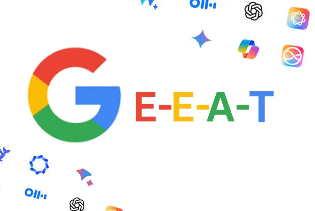 Imagine cu logoul Google și EEAT, alaturi de logouri ale aplicațiilor AI populare.