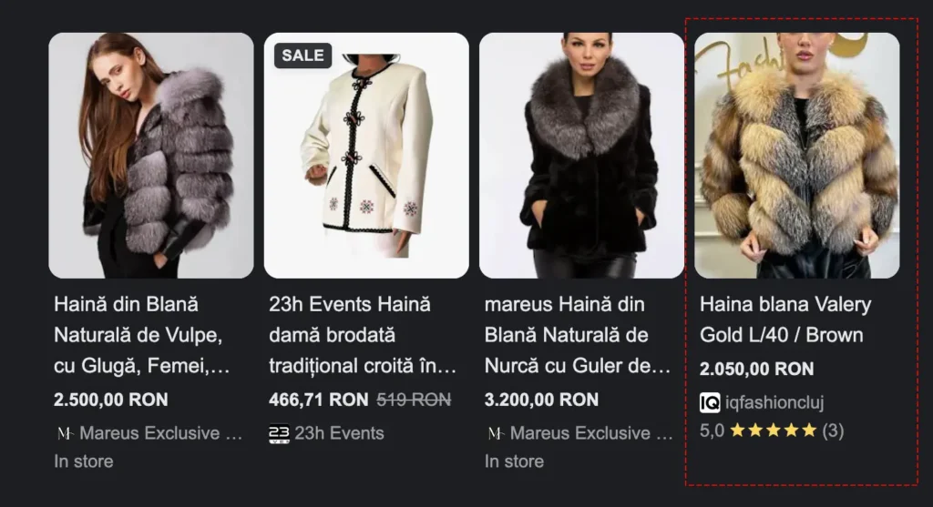Screenshot din google SERP cu produs care are recenzii si pret vizbile, pentru a arata importanta Product Schema.