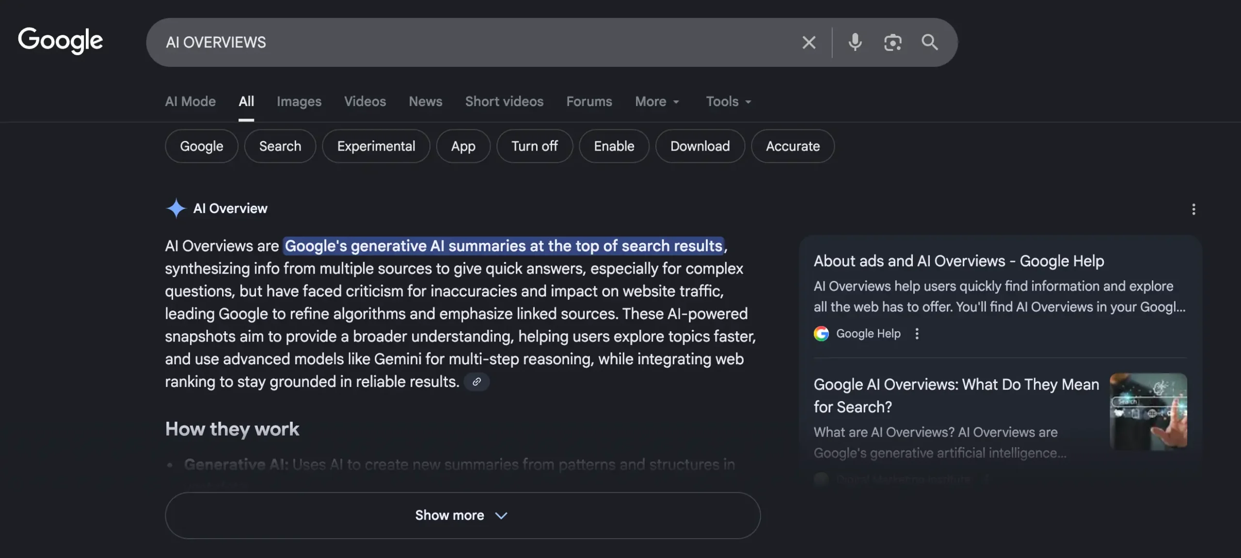 Screenshot din căutare Google, pentru a demonstra cum arată AI Overviews în SERP.