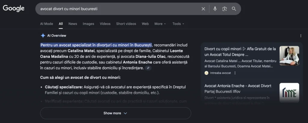 Exemplu citat AI Overviews pentru clientul nostru asistenta-avocat.ro, dupa servicii SEO On Page focusate pe EEAT și cuvinte cheie cu intentie comerciala.