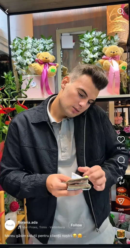 Screenshot din contul unui client care are un magazin online de flori și care a beneficiat de promovare Instagram cu influenceri.