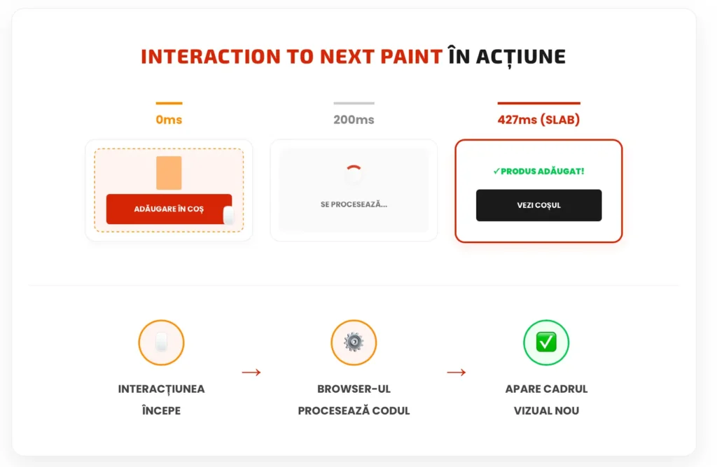 Infografic despre Interaction to Next Paint (INP), cu exemplu „Adăugare în coș” și momentele 0 ms, 200 ms și 427 ms, arătând întârzierea până apare schimbarea vizuală.