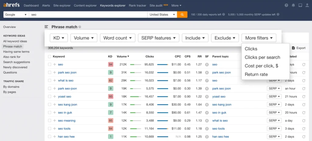 Screenshot din tool SEO magazine online - Ahrefs, aratand interfata optiunii de Keyword Explorer