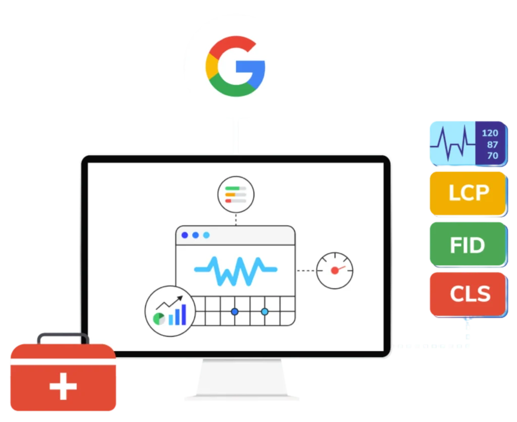 Ilustrație SEO tehnic cu Google, monitor și indicatori Core Web Vitals pentru viteză și stabilitate. Titlu: SEO tehnic pentru viteză, indexare și stabilitate