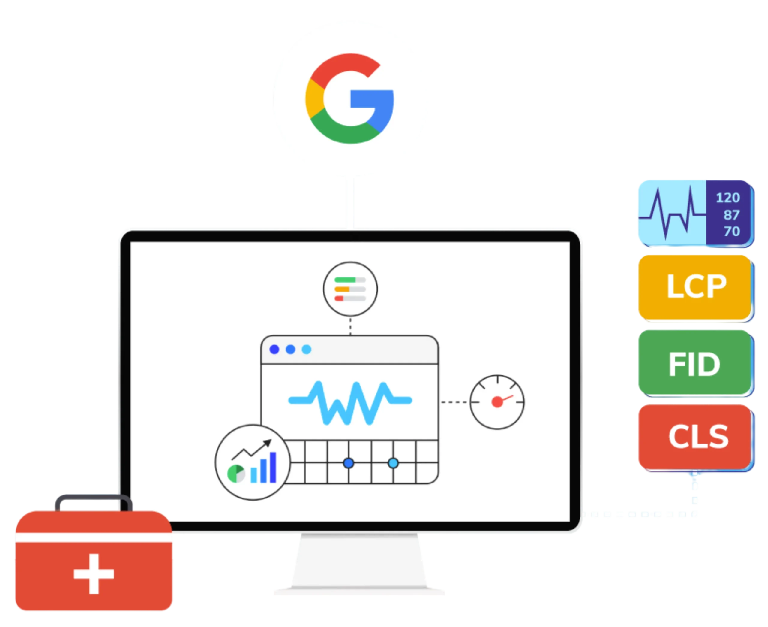 Ilustrație SEO tehnic cu Google, monitor și indicatori Core Web Vitals pentru viteză și stabilitate. Titlu: SEO tehnic pentru viteză, indexare și stabilitate