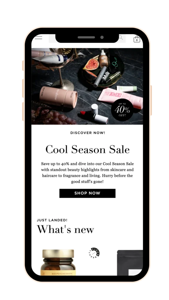 Screenshot cu experiența pe mobil a magazinului online Niche Beauty, după procesul de servicii SEO pentru magazin de cosmetice