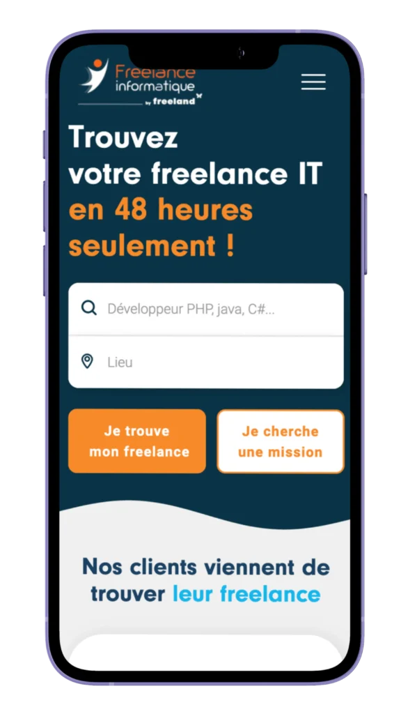 Mockup freelanceinformatique.fr pe mobil, pentru a arăta ce am făcut, concret pentru Freelance Informatique?