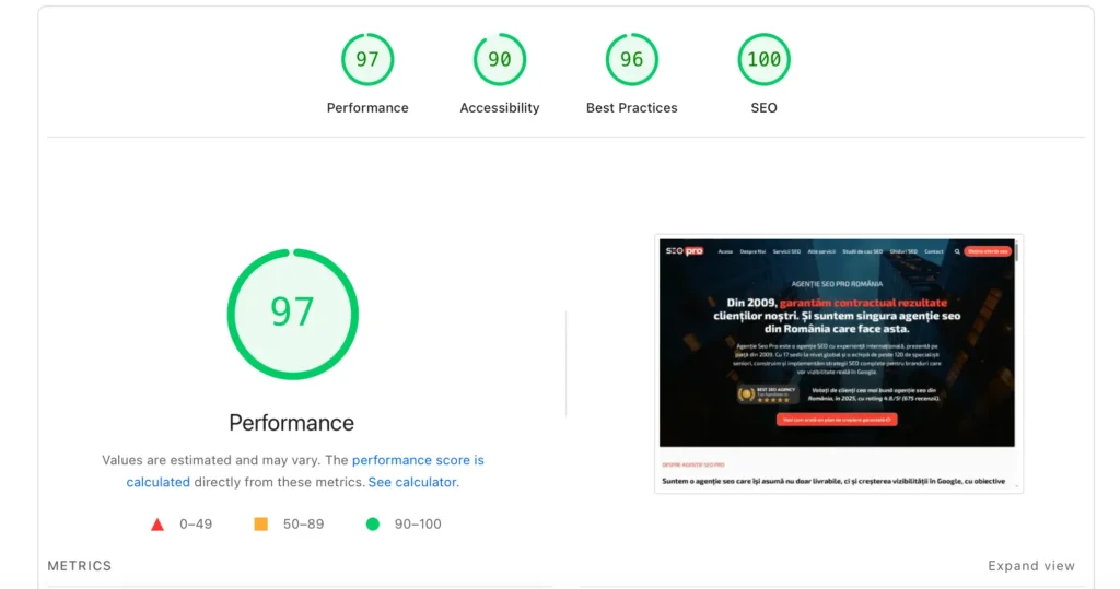Raport PageSpeed Insights cu scoruri pentru Performanță, Accesibilitate, Bune practici și SEO, inclusiv previzualizarea paginii testate și scorul de performanță 97.