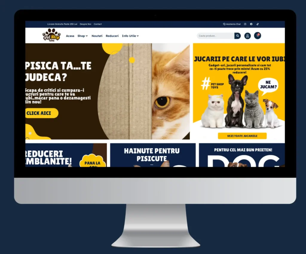 Studiu de caz optimizare SEO on page pentru magazin online tip petshop, cu rezultate și mockup de site pe monitor.