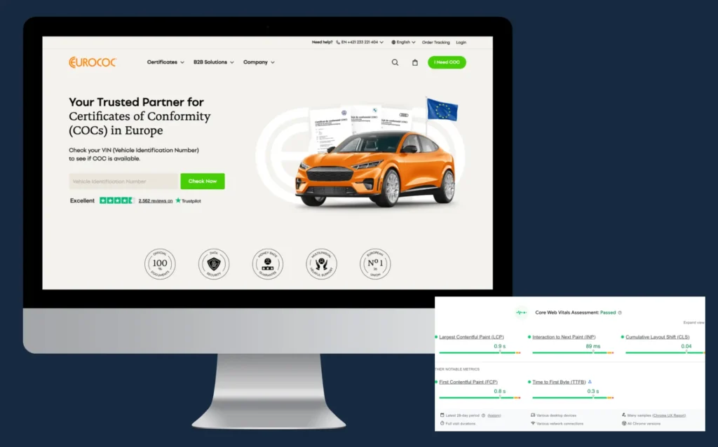 Monitor cu landing page comercial și raport Core Web Vitals „Passed”, pentru încărcare rapidă și layout stabil, prin SEO tehnic efectuat corect.