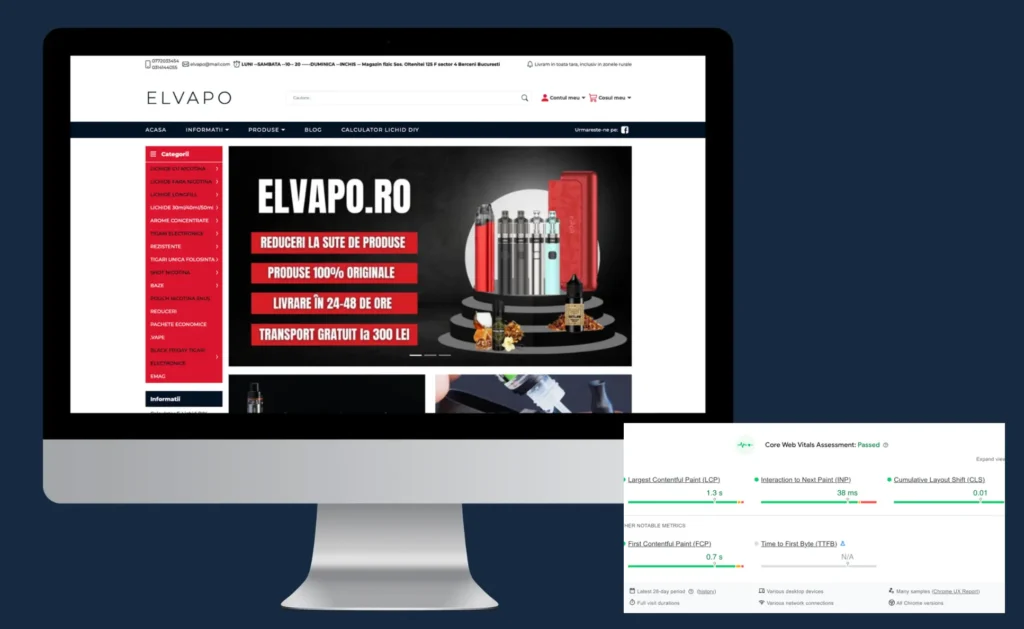Monitor cu magazin online și raport Core Web Vitals „Passed”, pentru optimizare viteză și experiență pe mobil, rezultate din SEO tehnic.