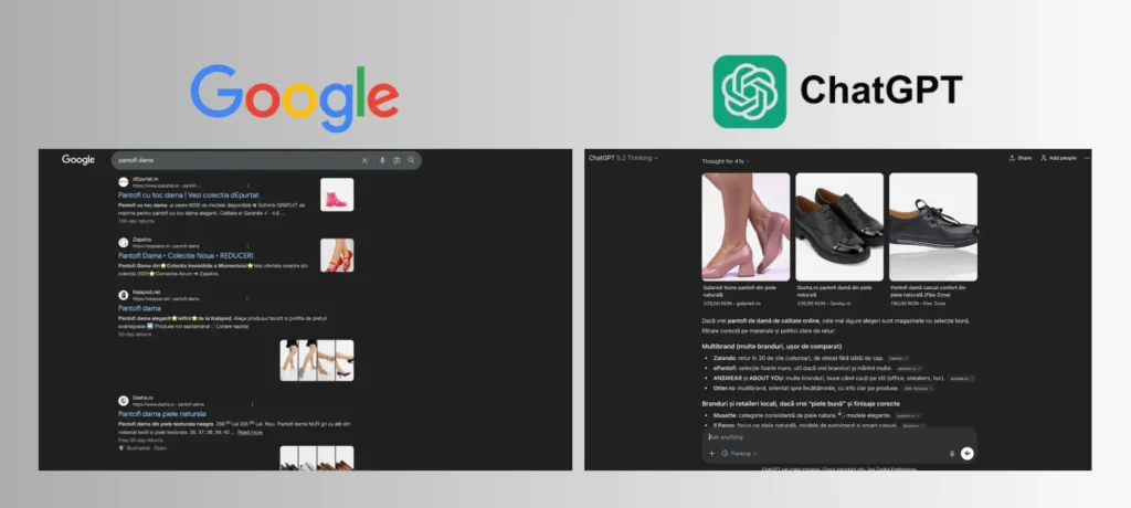 Comparație vizuală între rezultatele din Google și răspunsul generat în ChatGPT pentru aceeași căutare.