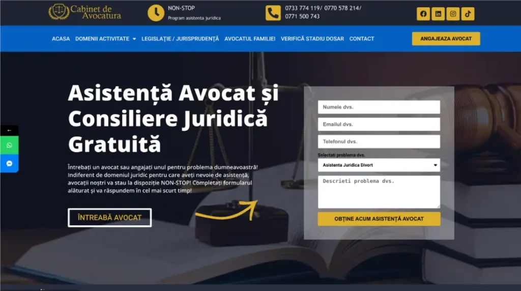 Design inițial asistenta-avocat.ro, pagină principală cu formular de solicitare asistență juridică