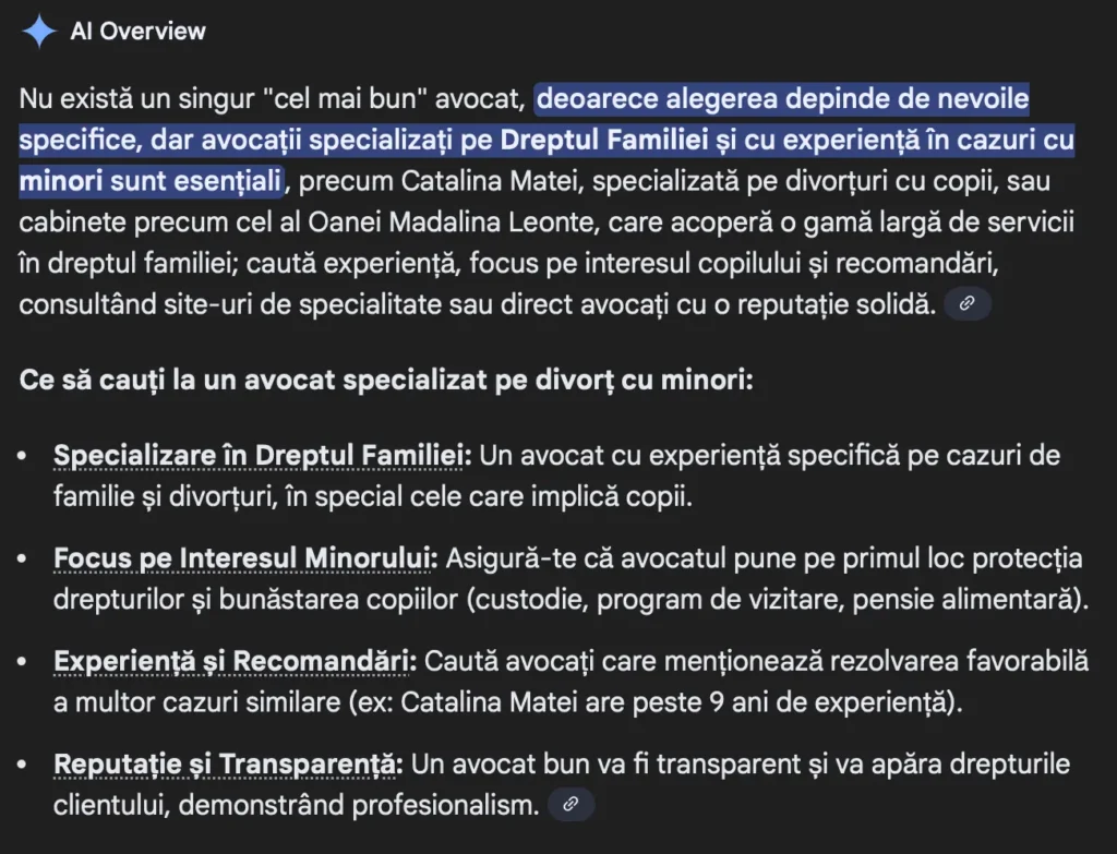 AI Overviews Google pentru „divorț cu copii minori”, cu rezultat citat din asistenta-avocat.ro