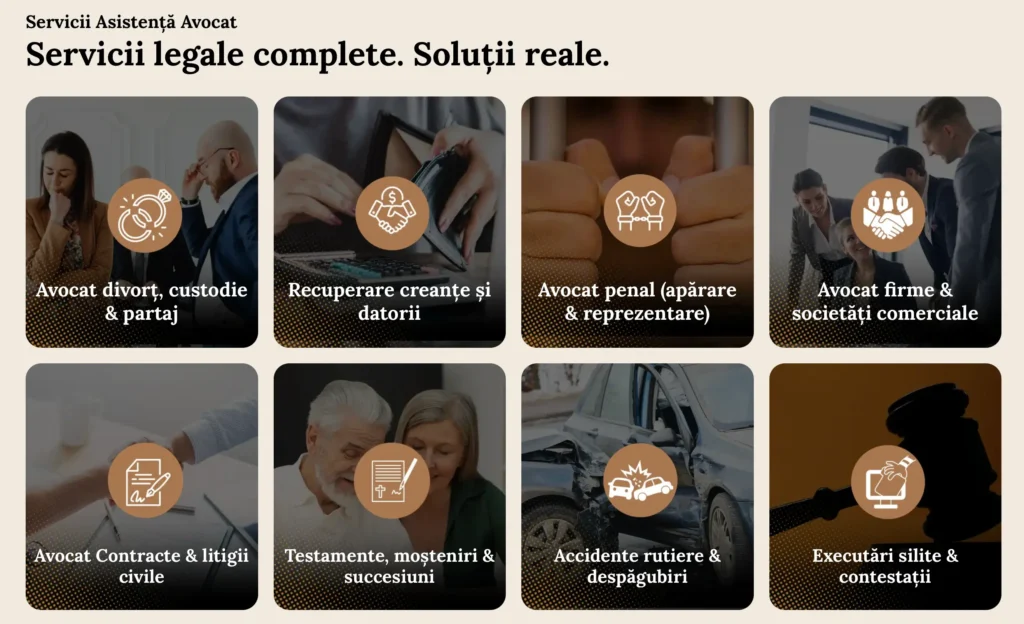Servicii juridice pe asistenta-avocat.ro: divorț și custodie, recuperare creanțe, penal, firme, succesiuni și executări silite