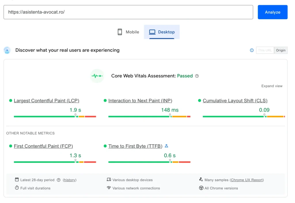 PageSpeed Insights pentru asistenta-avocat.ro: Core Web Vitals trecute, LCP 1,9s și INP 148ms