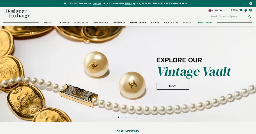 Pagina principală Designer Exchange prezentând secțiunea „Vintage Vault” cu accesorii de lux Chanel și navigare optimizată pentru experiența de lux.
