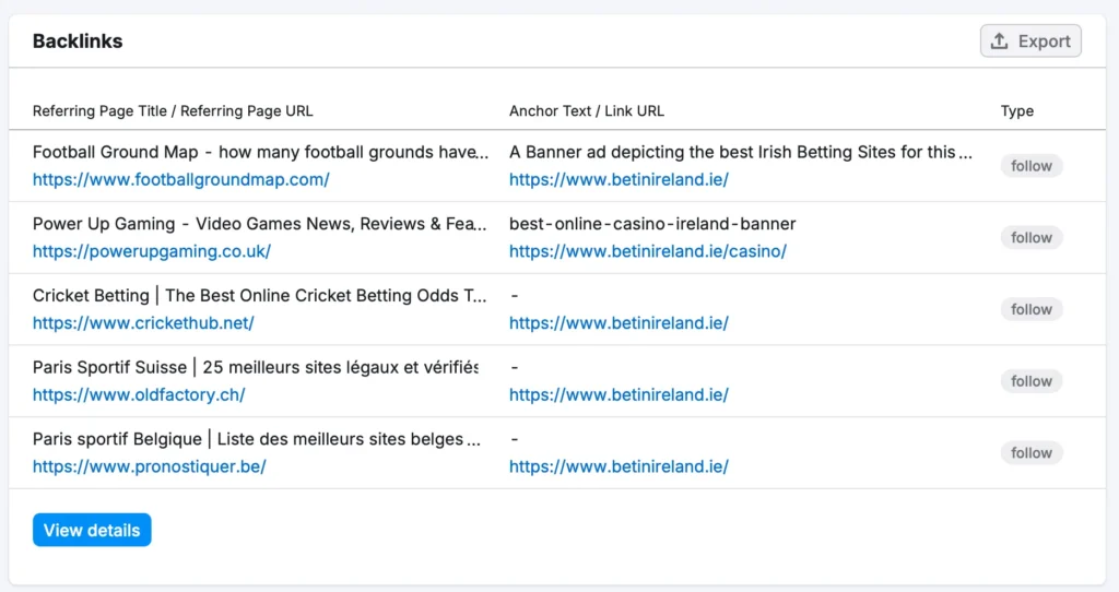Screenshot din semrush cu raport de backlinkuri pentru KBR Betting
