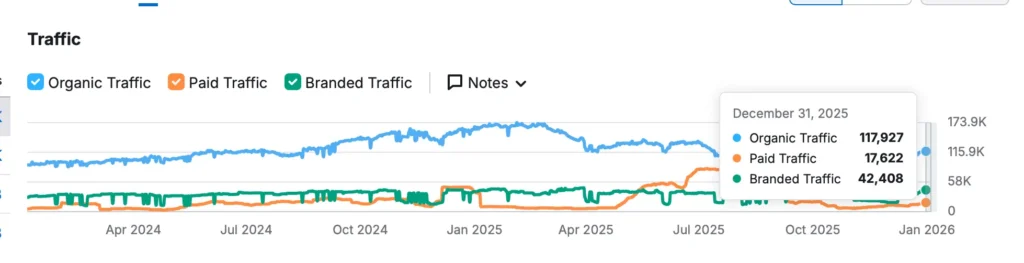 Screenshot din Semrush care arată traficul crescut pentru Niche Beauty, după procesul de servicii SEO pentru magazin de cosmetice.