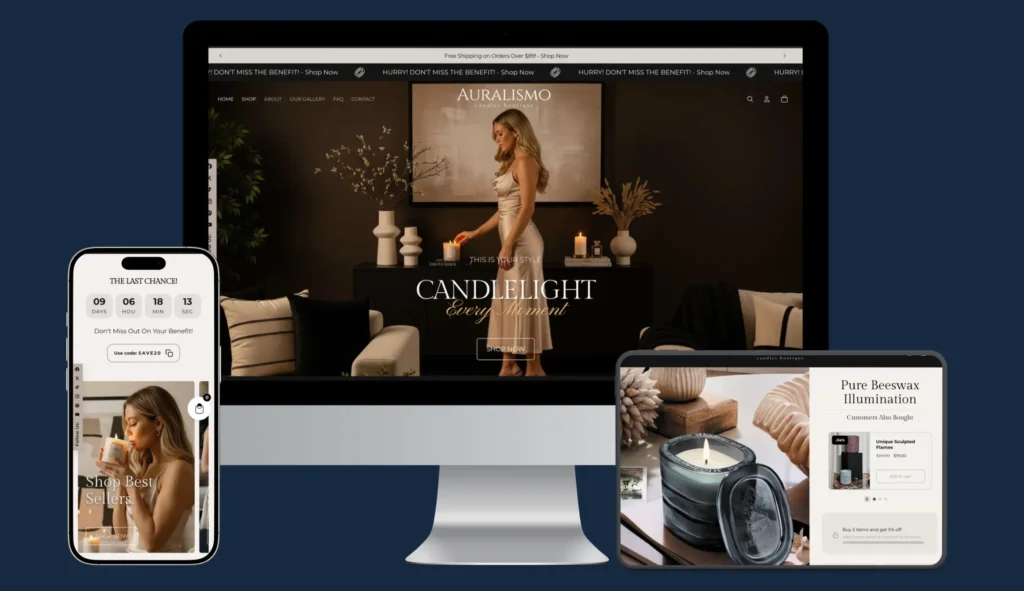 Creare magazin online premium pentru brand de lumânări, design coerent pe desktop și mobil