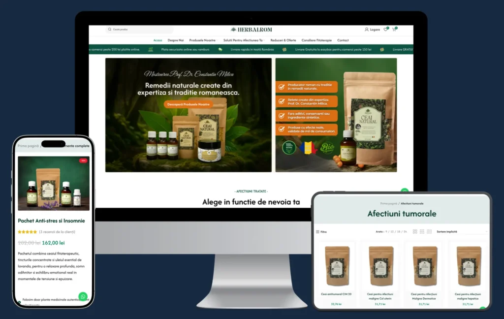 Creare magazin online pentru produse naturale, homepage și categorie, exemplu proiect eCommerce