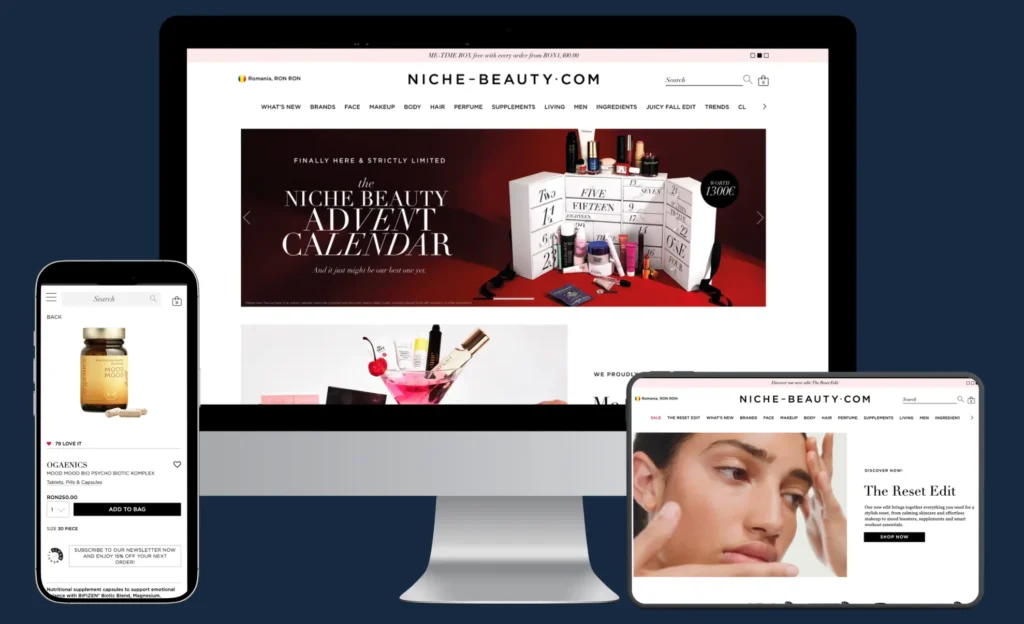 Creare magazin online beauty cu pagini de produs și navigare rapidă pe mobil, exemplu responsive