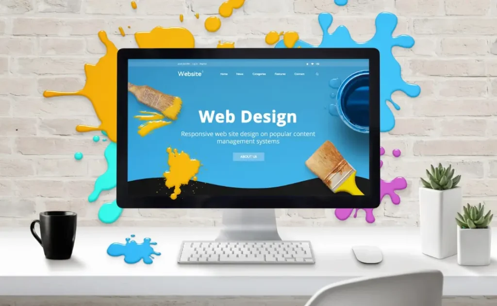 Birou cu calculator deschis la o pagina despre web design si servicii creare site web