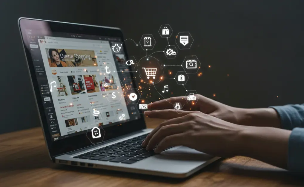 Laptop cu multitudinea de servicii de promovare oferite de experți seniori.