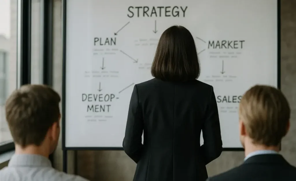 Exchipa de promovare online care analizează un grafic de servicii si strategie de marketing.