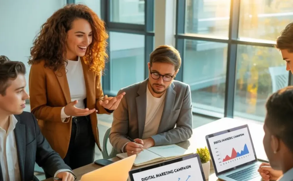 Echipa de promovare Google Ads discutand strategii si rezultate PPC pentru clienții agenției