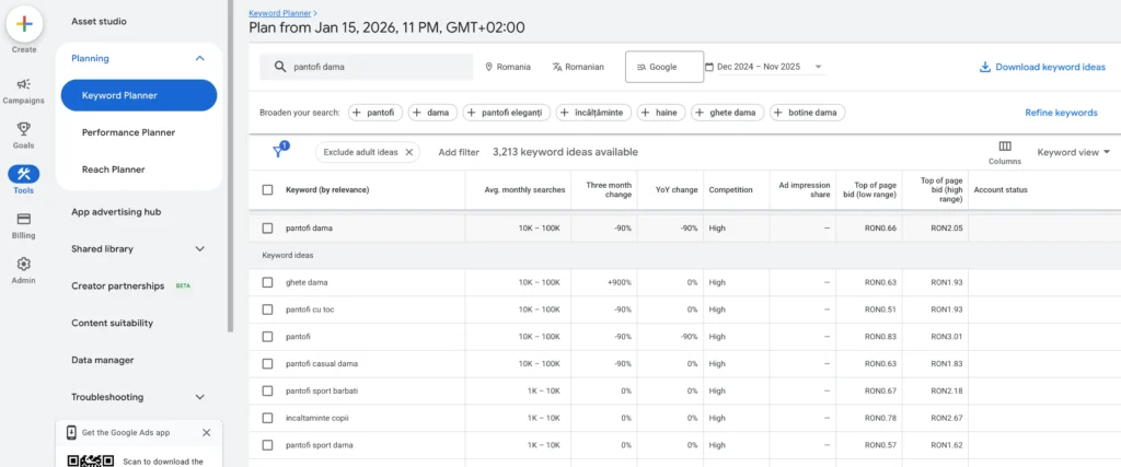 Screnshot din interfata tool de SEO magazine online Google Keyword Planner
