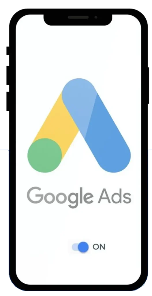 Ecran telefon mobil cu logo Google Ads care susține beneficiile serviciilor de promovare Google Ads.