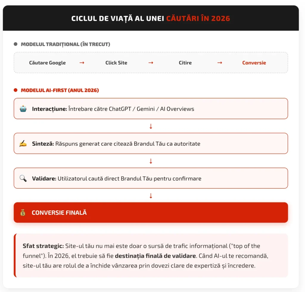 Infografic arătând ciclul de viață al unei căutări Google în 2026.