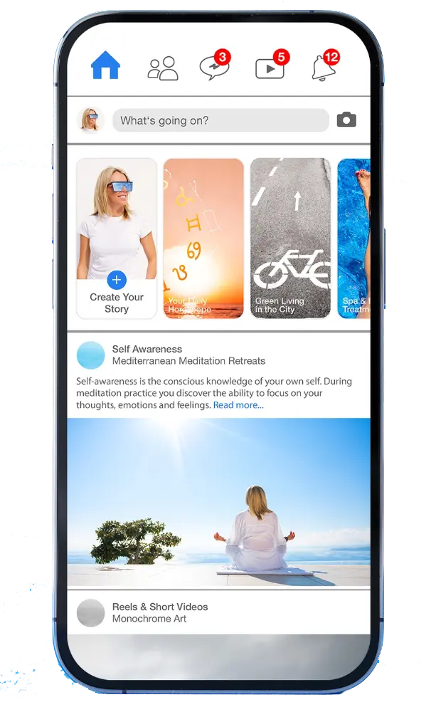 Mockup cu platforma Facebook pe dispozitiv mobil, pentru a demonstra eficiența serviciilor de promovare Facebook.