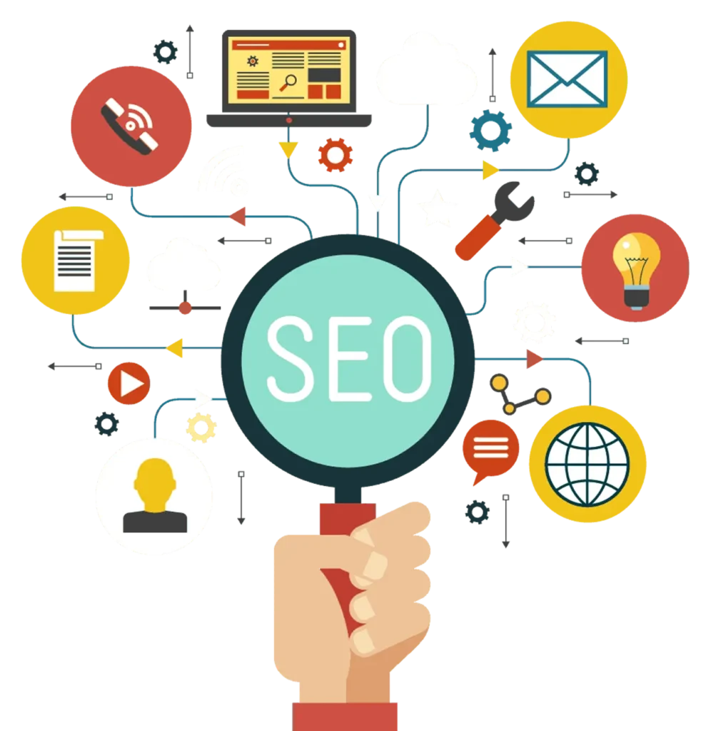 „SEO on page FAQ” cu întrebări frecvente despre optimizare SEO on-page și ilustrație cu simbolul SEO și elemente de marketing digital.